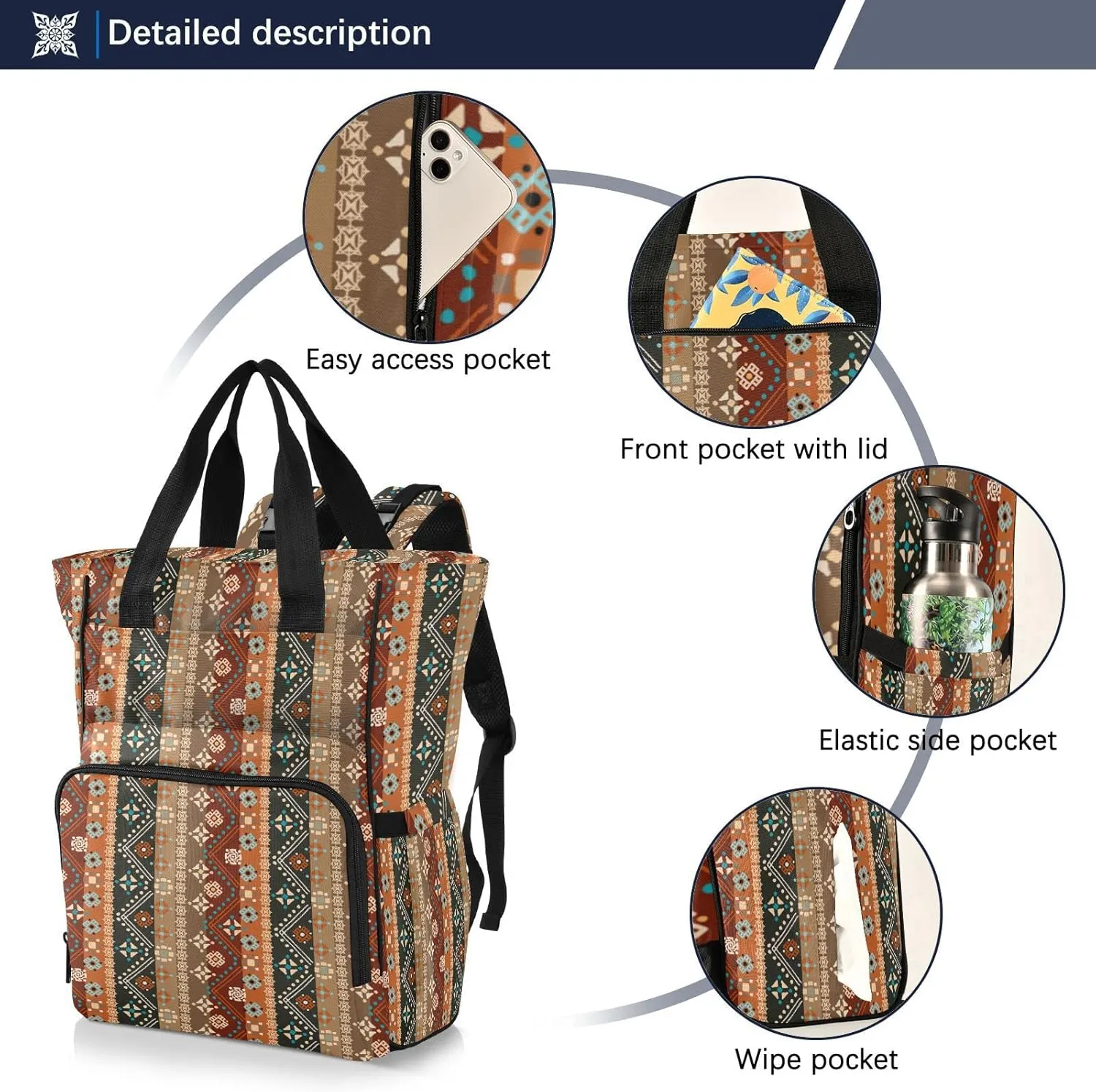 linqin Diaper Bag Backpack, Boho Bohemian Multifunctional Travel Backpack Maternity Changing Bags, Large Unisex Baby Bag Tote