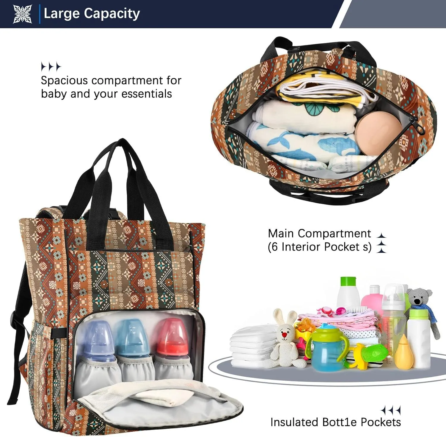 linqin Diaper Bag Backpack, Boho Bohemian Multifunctional Travel Backpack Maternity Changing Bags, Large Unisex Baby Bag Tote