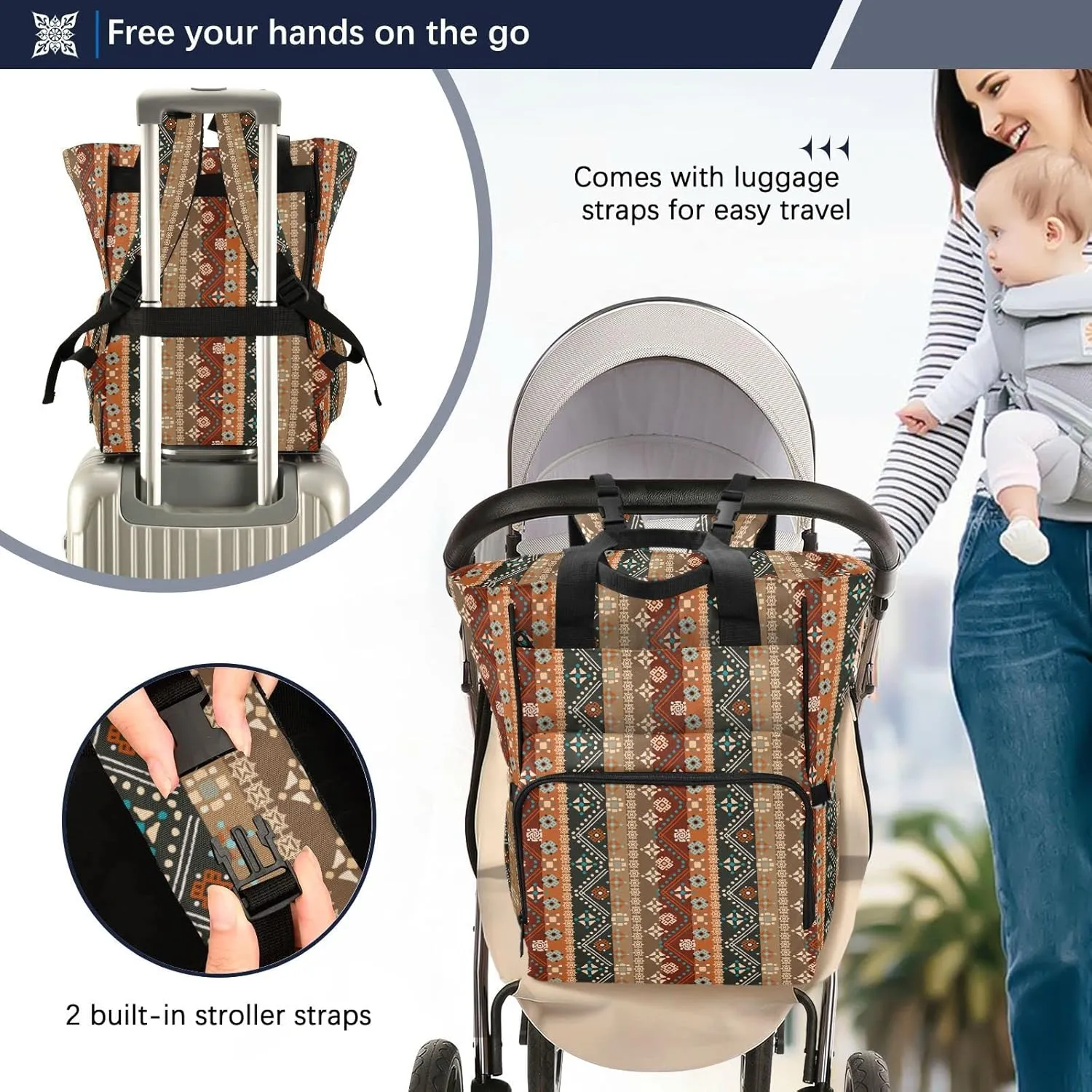 linqin Diaper Bag Backpack, Boho Bohemian Multifunctional Travel Backpack Maternity Changing Bags, Large Unisex Baby Bag Tote