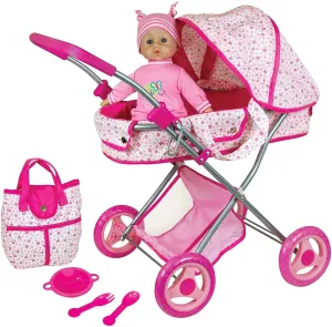 Lissi Deluxe Doll Pram with 13" Baby Doll, Also Includes Diaper Bag & Accessories, Nuturing and Role Play, For Ages 4 and up