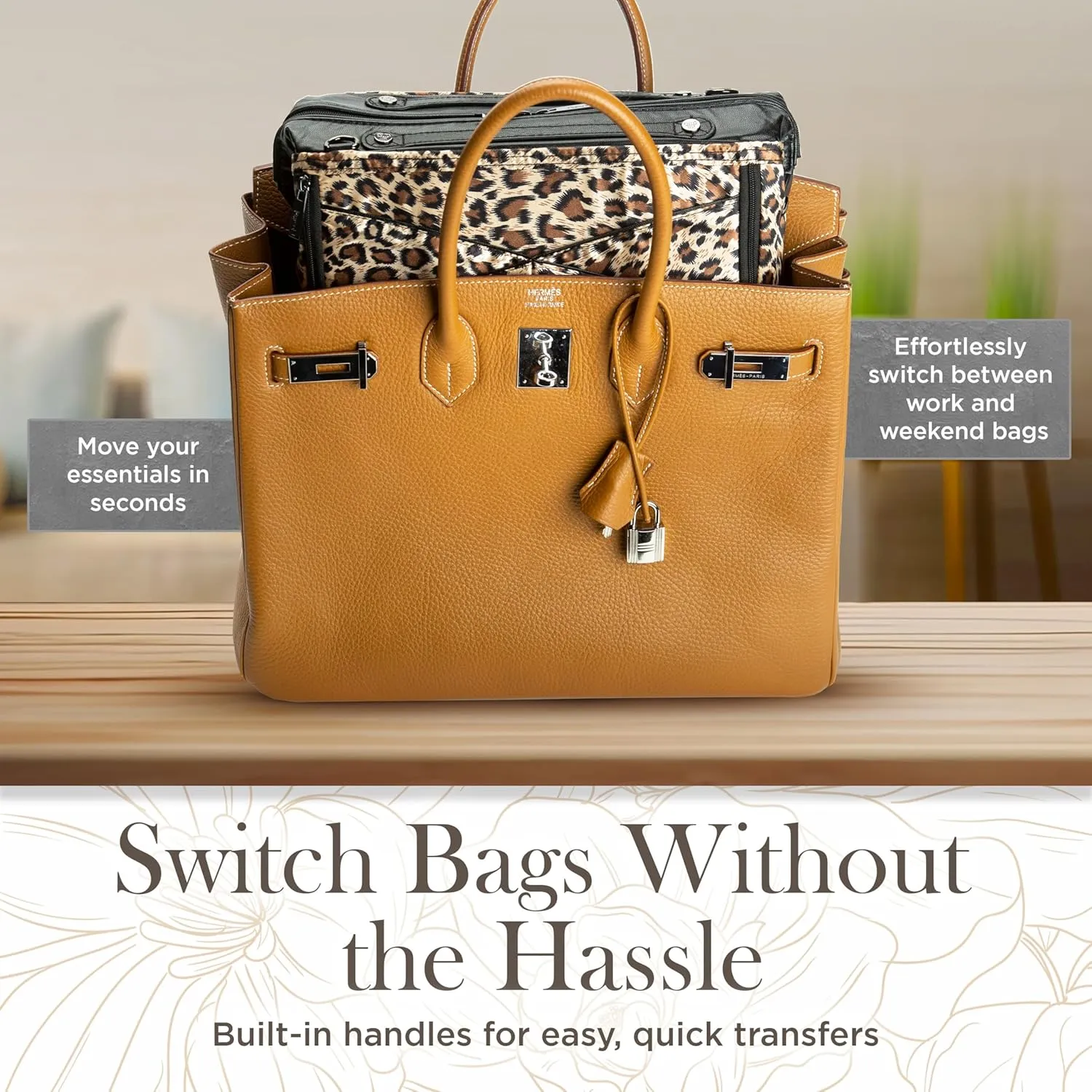 Littbag Handbag Organizer with Patented LED & Auto 60-sec Shutoff - Featured in Oprah's Favorite Things – Purse Organizer with 12 Compartments, Clear Pockets, Zippered Privacy Pocket & More (Leopard)