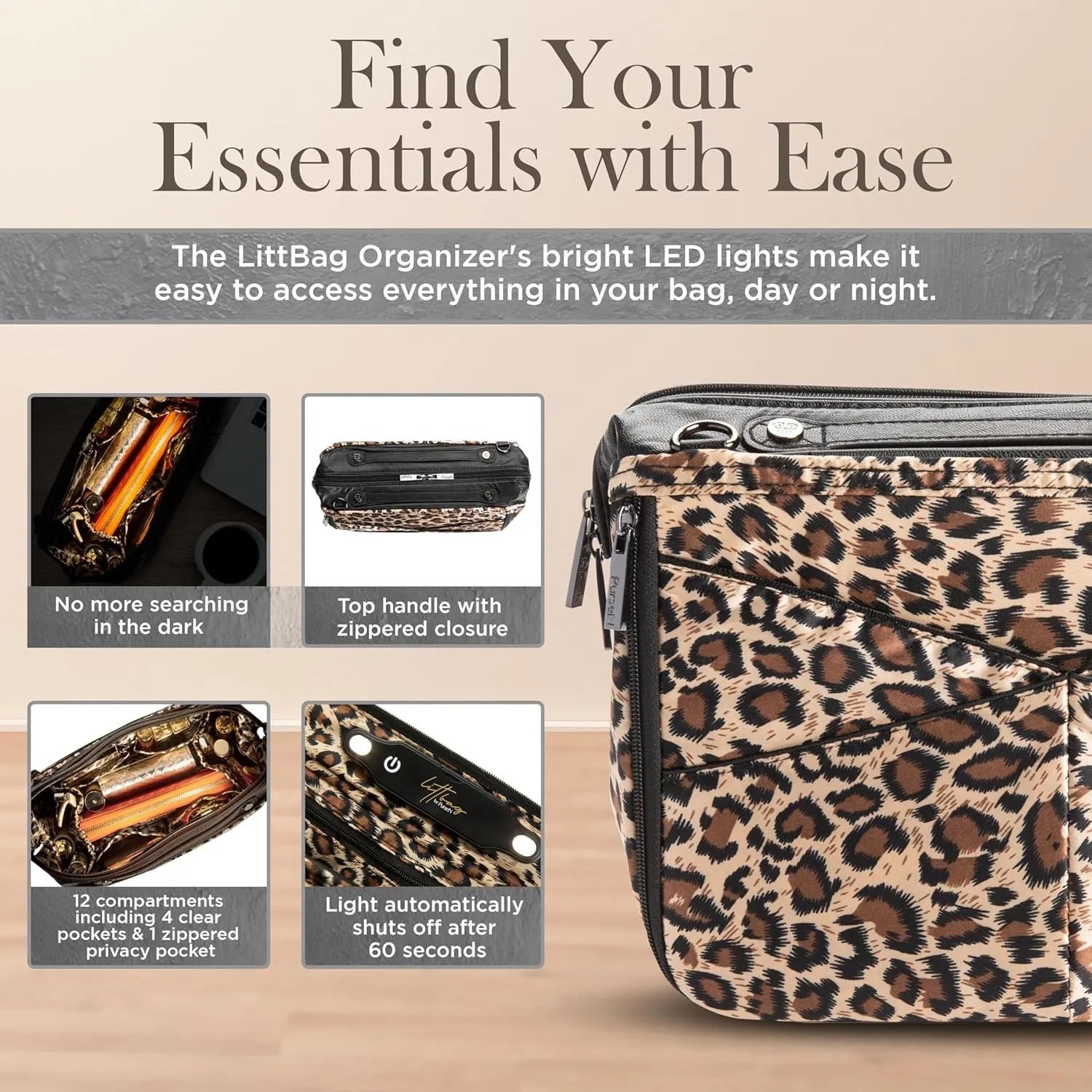 Littbag Handbag Organizer with Patented LED & Auto 60-sec Shutoff - Featured in Oprah's Favorite Things – Purse Organizer with 12 Compartments, Clear Pockets, Zippered Privacy Pocket & More (Leopard)