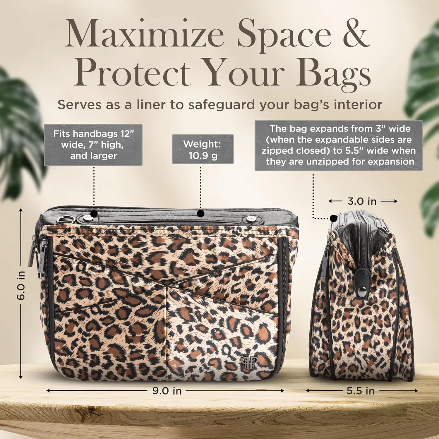 Littbag Handbag Organizer with Patented LED & Auto 60-sec Shutoff - Featured in Oprah's Favorite Things – Purse Organizer with 12 Compartments, Clear Pockets, Zippered Privacy Pocket & More (Leopard)