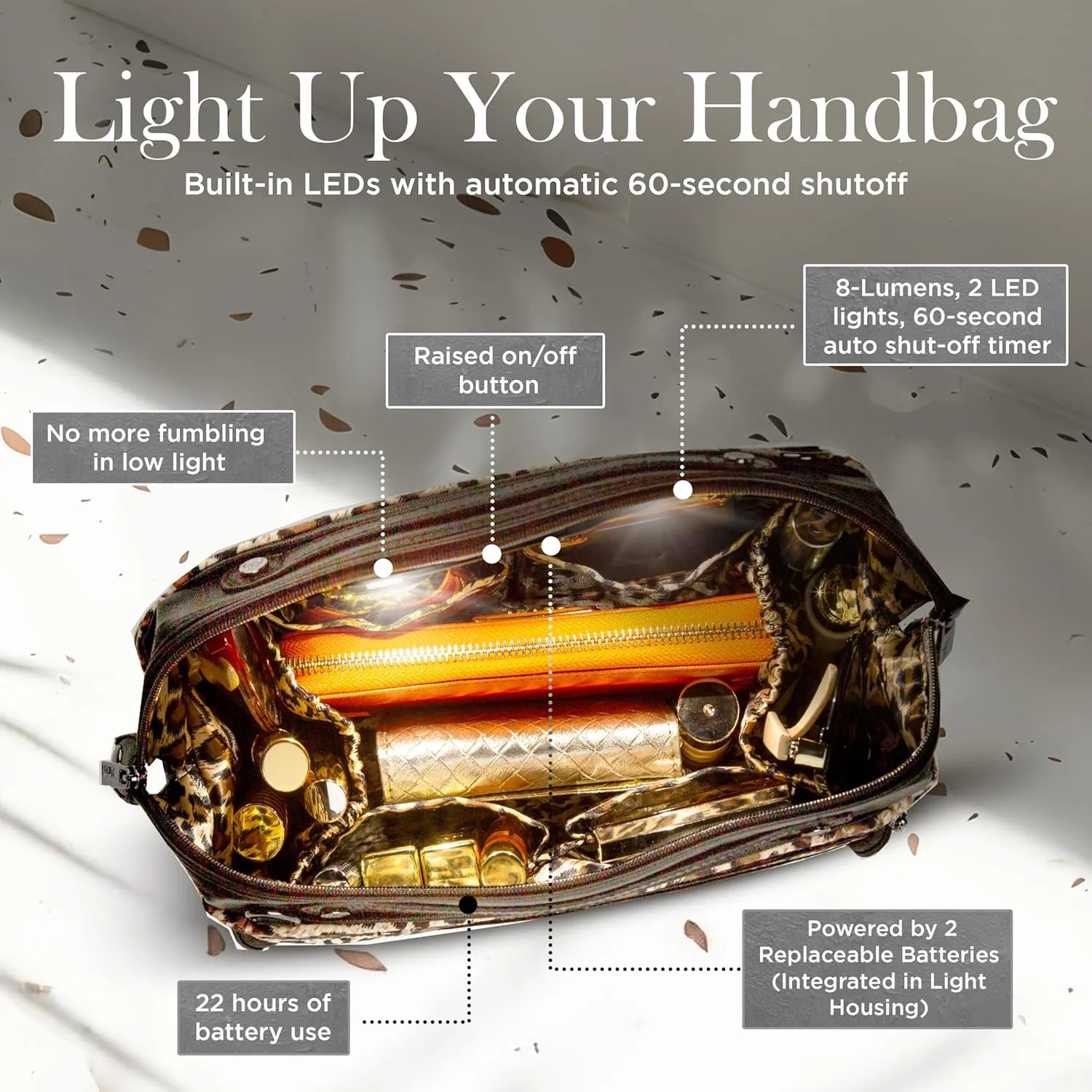Littbag Handbag Organizer with Patented LED & Auto 60-sec Shutoff - Featured in Oprah's Favorite Things – Purse Organizer with 12 Compartments, Clear Pockets, Zippered Privacy Pocket & More (Leopard)