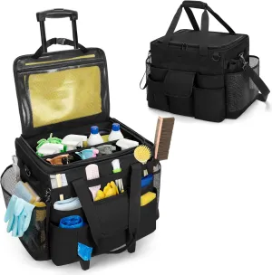 LoDrid Rolling Cleaning Caddy with Lid, Cleaning Supplies Organizer with Detachable Trolley, Cleaning Caddy Cart on Wheels with Handle and Shoulder Strap for Housekeepers, Black, Bag Only