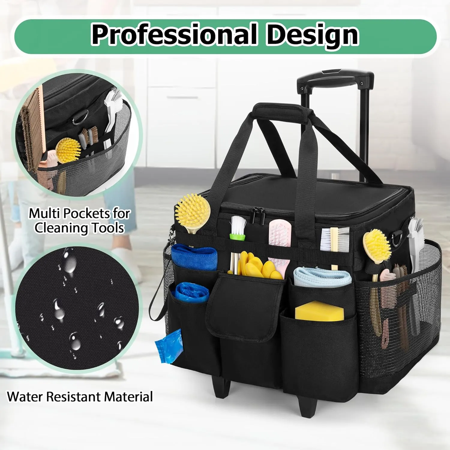 LoDrid Rolling Cleaning Caddy with Lid, Cleaning Supplies Organizer with Detachable Trolley, Cleaning Caddy Cart on Wheels with Handle and Shoulder Strap for Housekeepers, Black, Bag Only