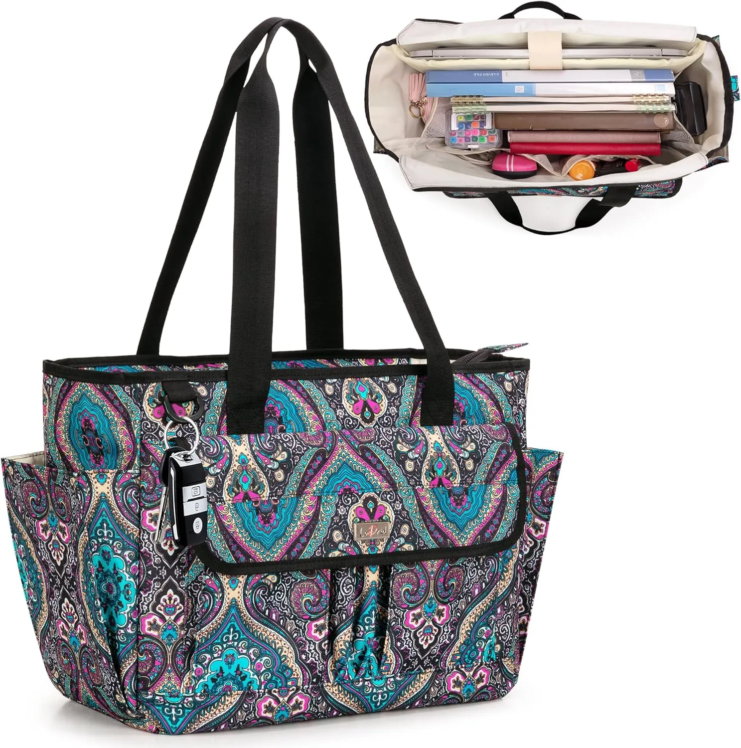LoDrid Teacher Tote Bag with 15.6” Laptop Padded Sleeve, Utility Bag with Top Zipper Closure and Large Compartment for Work