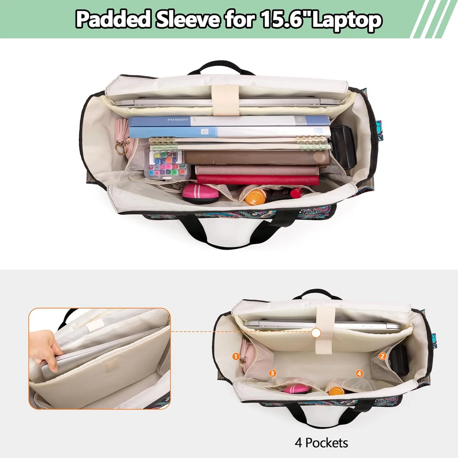 LoDrid Teacher Tote Bag with 15.6” Laptop Padded Sleeve, Utility Bag with Top Zipper Closure and Large Compartment for Work