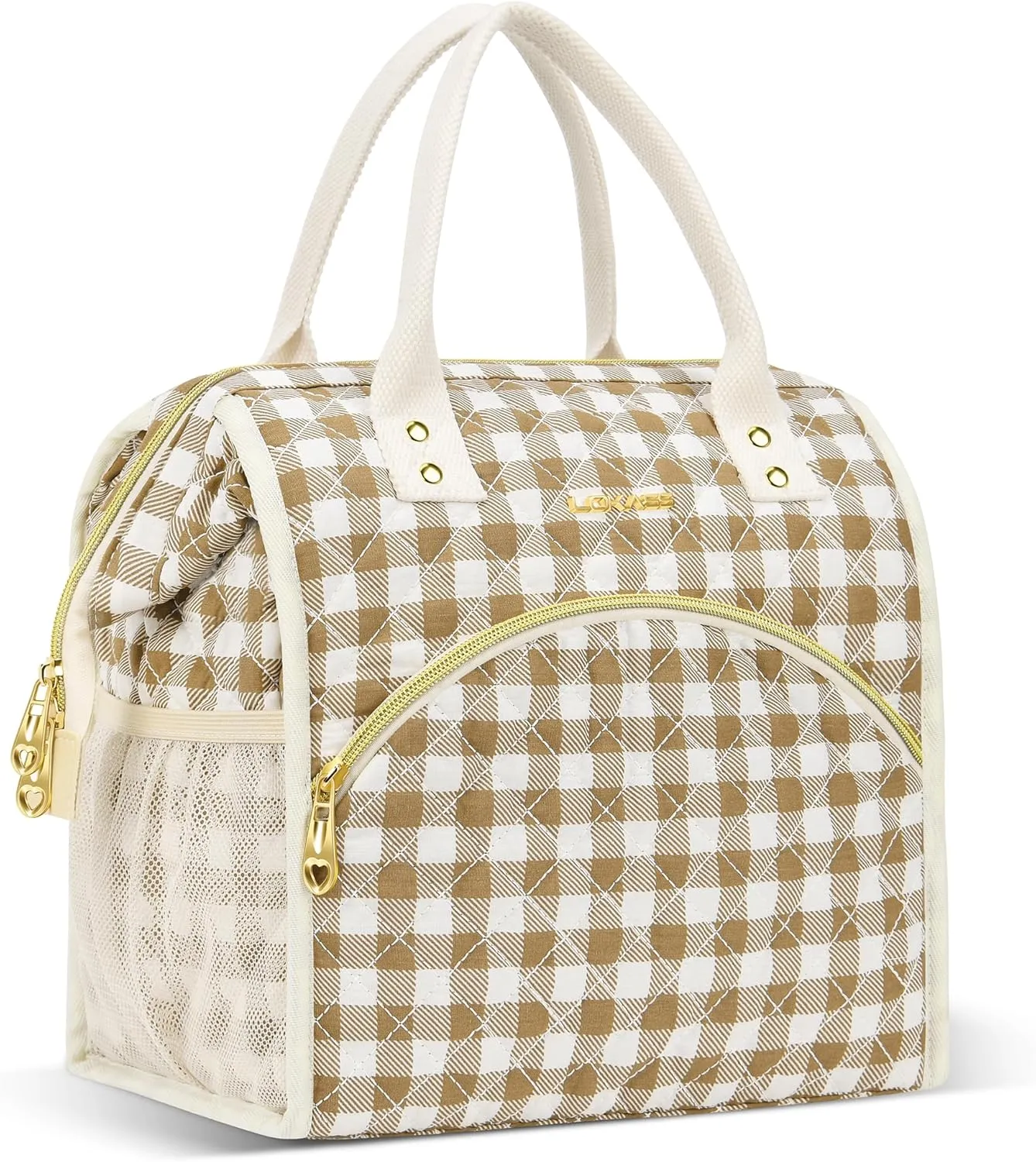 LOKASS Insulated Lunch Bag Women- Reusable 10 L Lunch Box for Women - Leakproof Tote Cooler Bag for Adults Work, Beach, Travel, Picnic （Brown&White Diamond Grid）