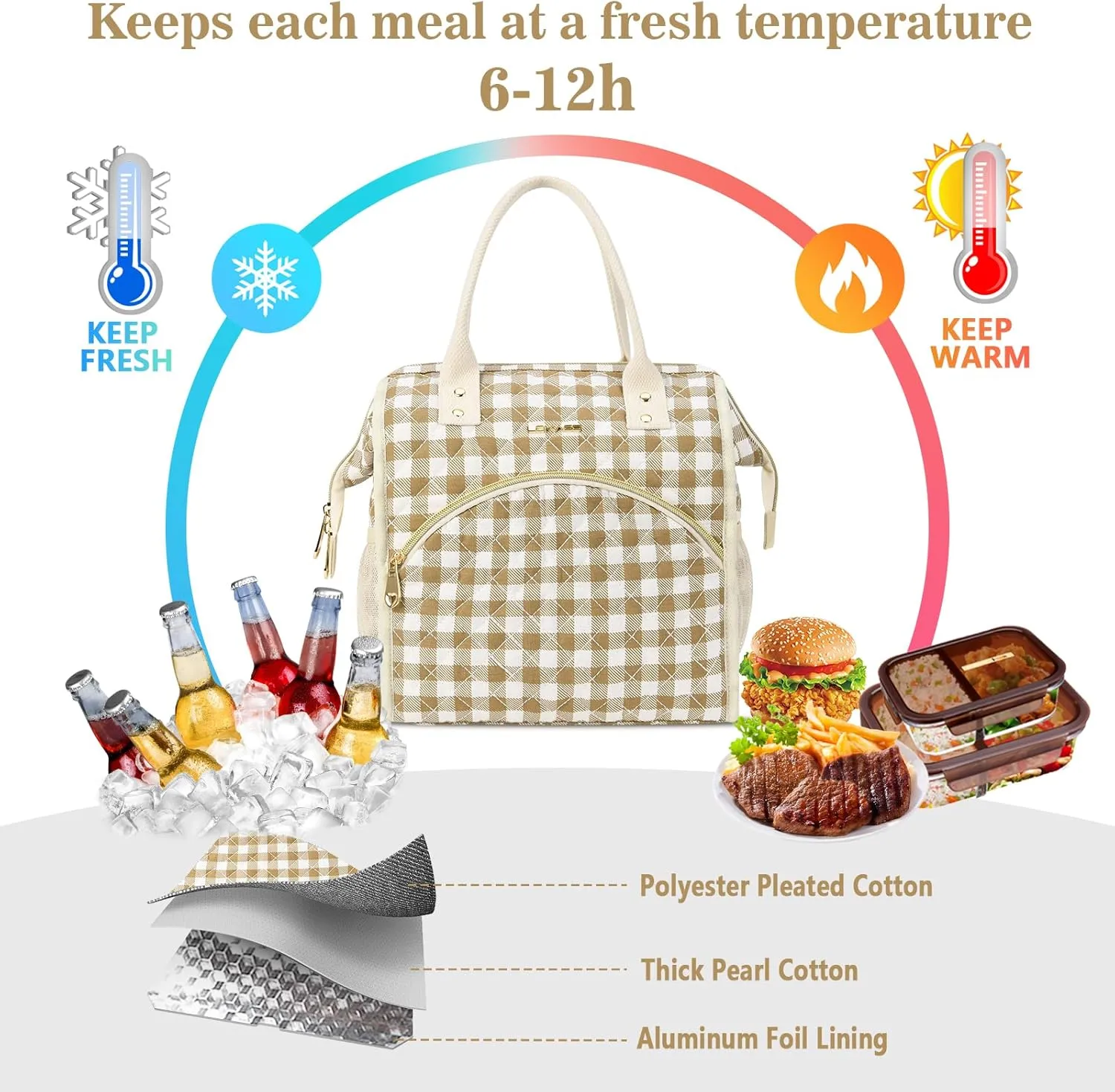 LOKASS Insulated Lunch Bag Women- Reusable 10 L Lunch Box for Women - Leakproof Tote Cooler Bag for Adults Work, Beach, Travel, Picnic （Brown&White Diamond Grid）