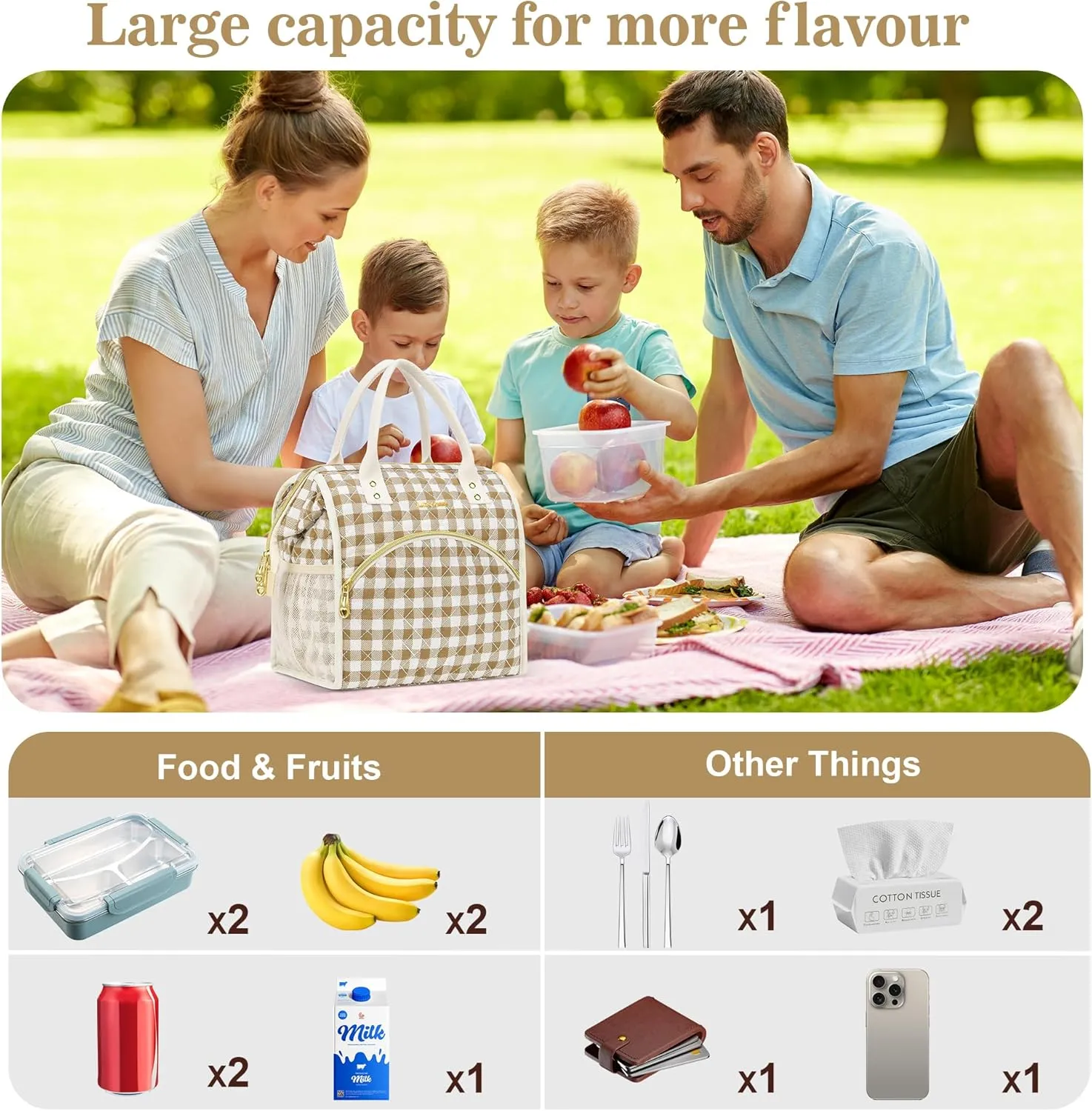 LOKASS Insulated Lunch Bag Women- Reusable 10 L Lunch Box for Women - Leakproof Tote Cooler Bag for Adults Work, Beach, Travel, Picnic （Brown&White Diamond Grid）