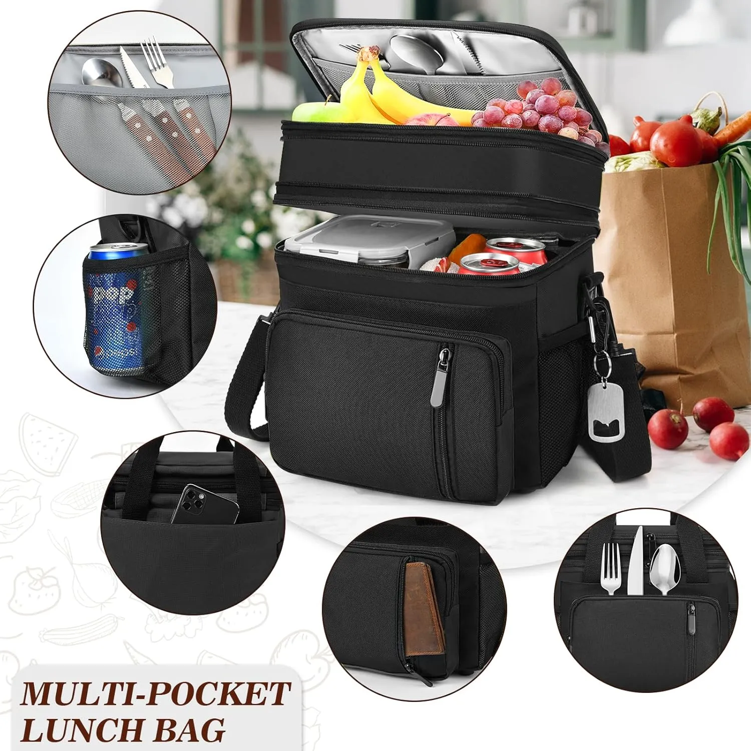 LOKASS Lunch Bag & Lunch Box for Men Women - Double Deck Expandable Insulated Waterproof Leakproof Cooler Bag for Work/Picnic - Black