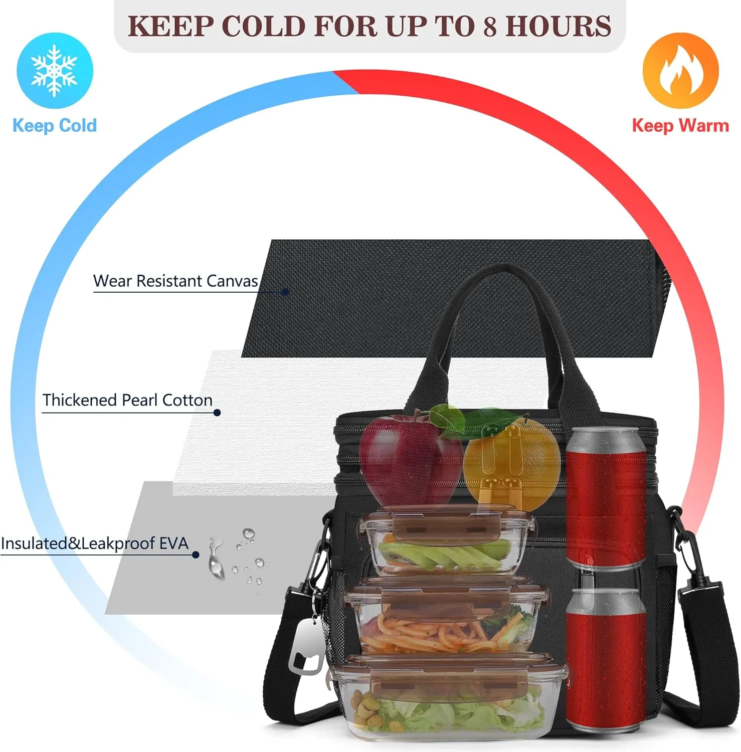 LOKASS Lunch Bag & Lunch Box for Men Women - Double Deck Expandable Insulated Waterproof Leakproof Cooler Bag for Work/Picnic - Black