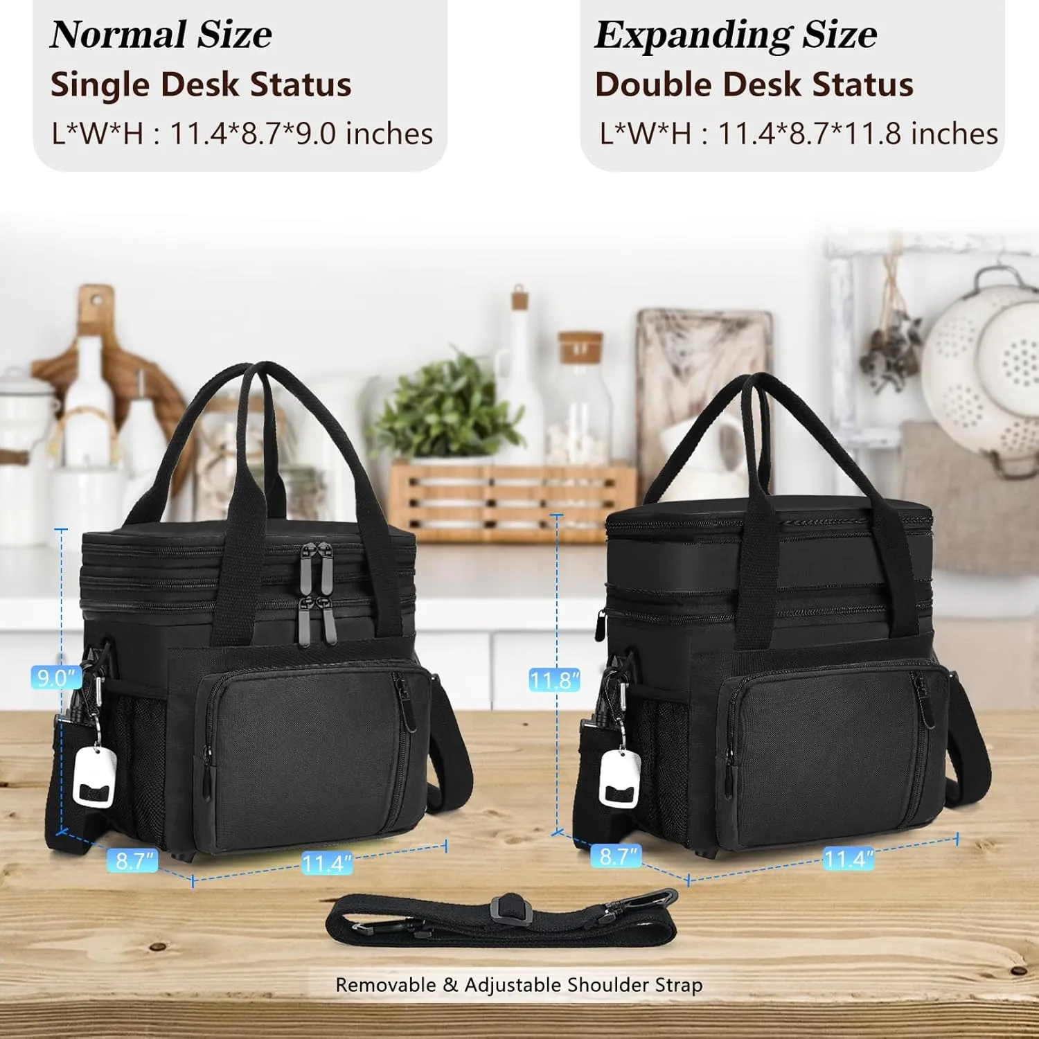 LOKASS Lunch Bag & Lunch Box for Men Women - Double Deck Expandable Insulated Waterproof Leakproof Cooler Bag for Work/Picnic - Black