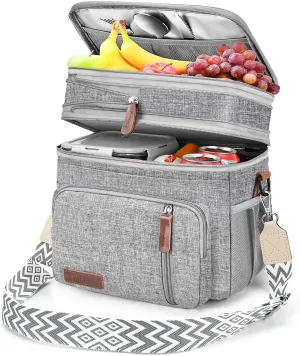 LOKASS Lunch Box for Women/Men-16L-Insulated Lunch Bag, Expandable Double-layer Leakproof Cooler Bag with Upgrade Adjustable Shoulder Strap Ideal for Work/Travel/Picnics（Gray）