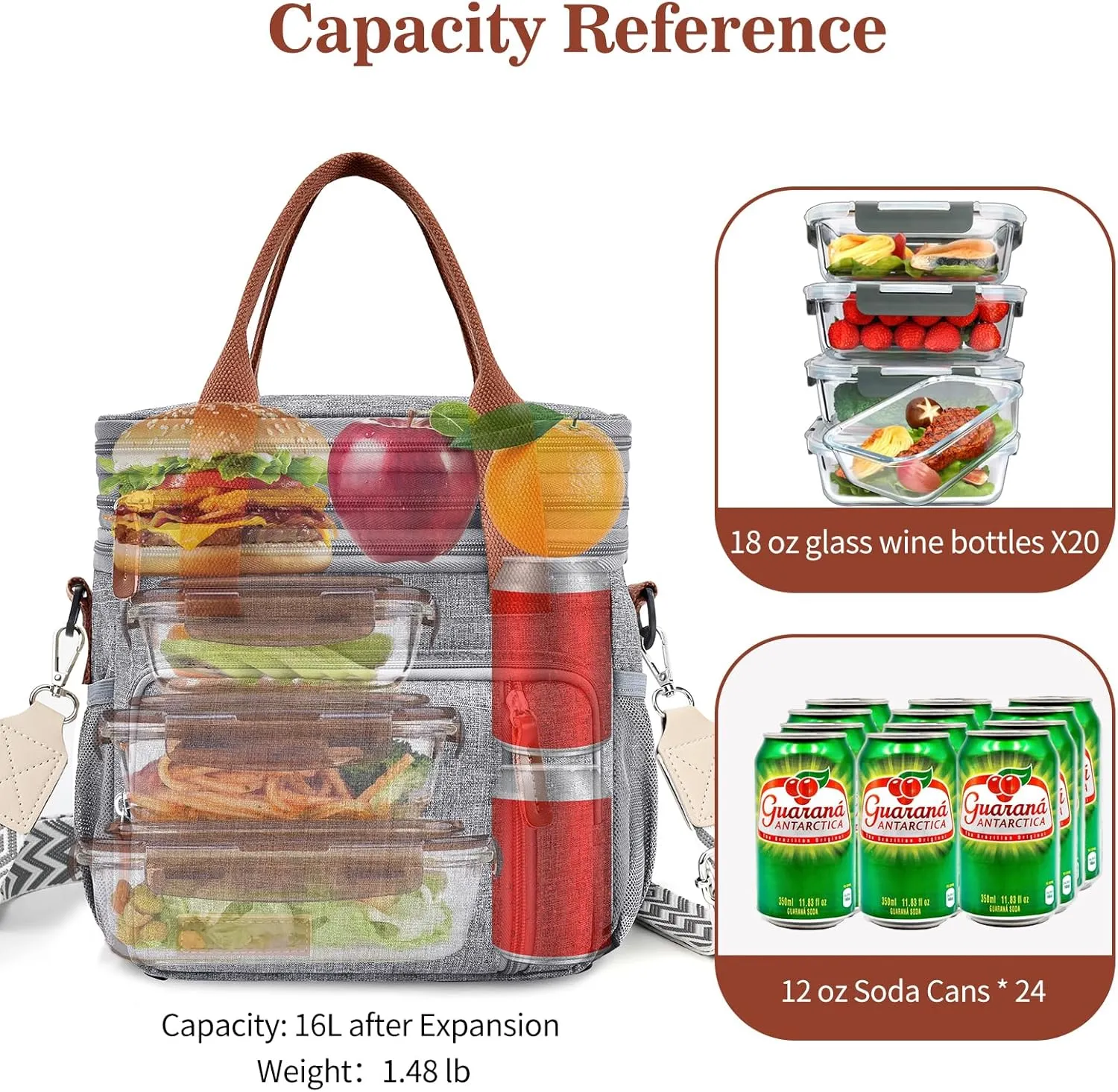 LOKASS Lunch Box for Women/Men-16L-Insulated Lunch Bag, Expandable Double-layer Leakproof Cooler Bag with Upgrade Adjustable Shoulder Strap Ideal for Work/Travel/Picnics（Gray）