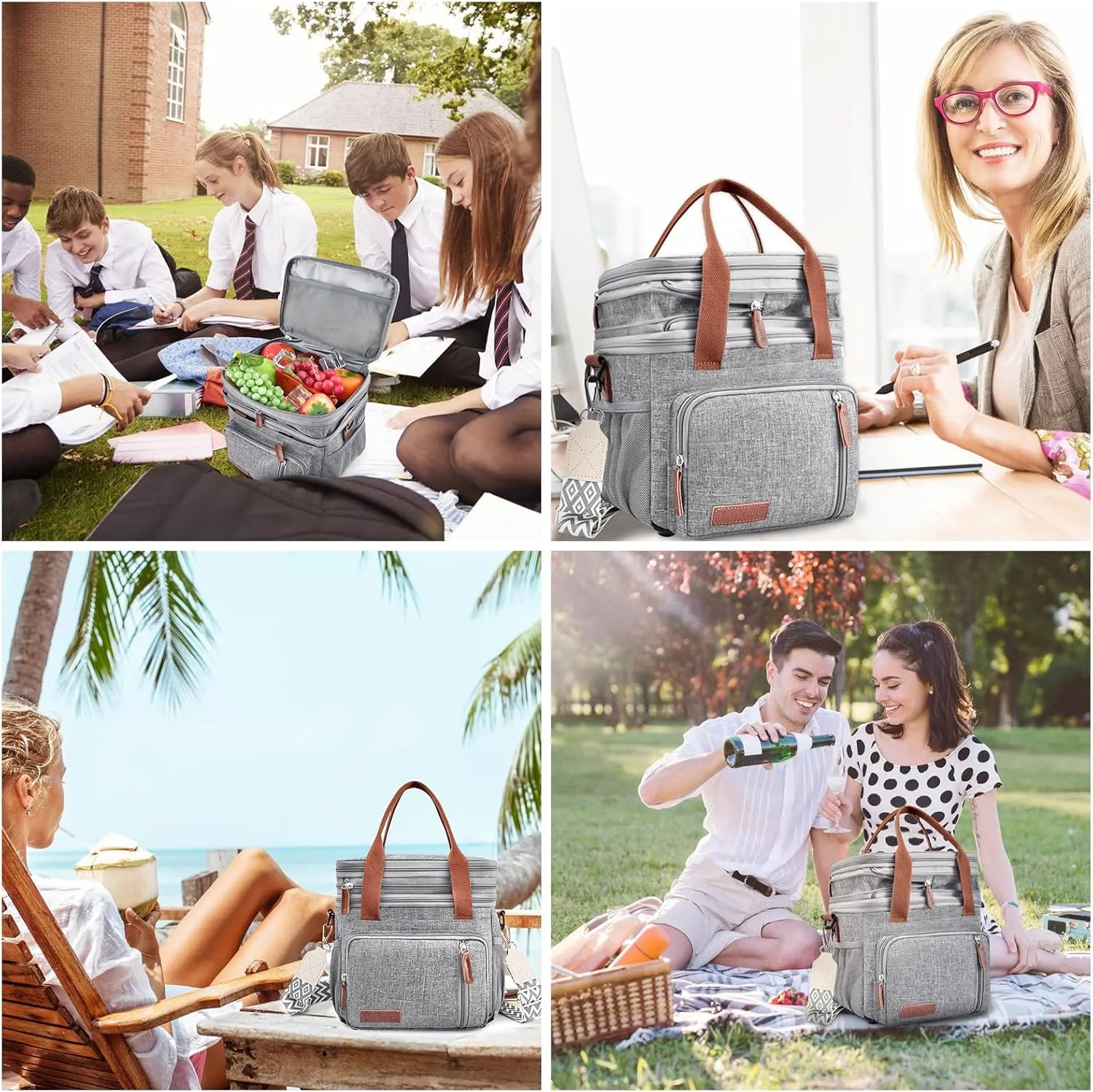 LOKASS Lunch Box for Women/Men-16L-Insulated Lunch Bag, Expandable Double-layer Leakproof Cooler Bag with Upgrade Adjustable Shoulder Strap Ideal for Work/Travel/Picnics（Gray）