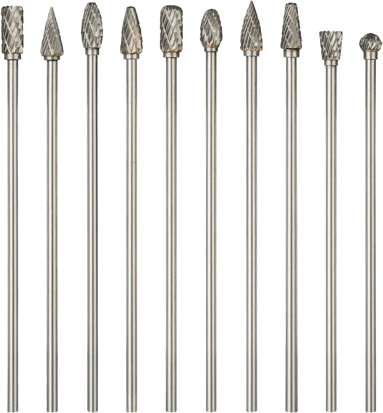 Long Carbide Rotary Burr Set Compatible with Dremel, 10Pcs Double Cut 1/8" Shank 1/4" Head 100MM Length Tungsten Steel Carving Burr Bits for Drilling, Woodworking, Steel Metal Polishing, Engraving