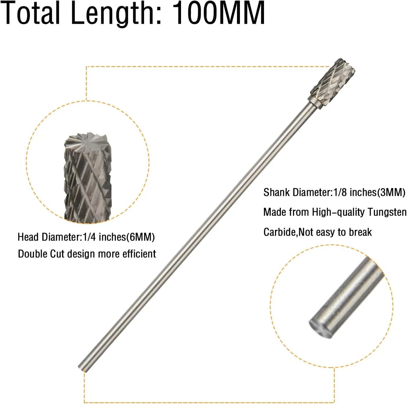 Long Carbide Rotary Burr Set Compatible with Dremel, 10Pcs Double Cut 1/8" Shank 1/4" Head 100MM Length Tungsten Steel Carving Burr Bits for Drilling, Woodworking, Steel Metal Polishing, Engraving