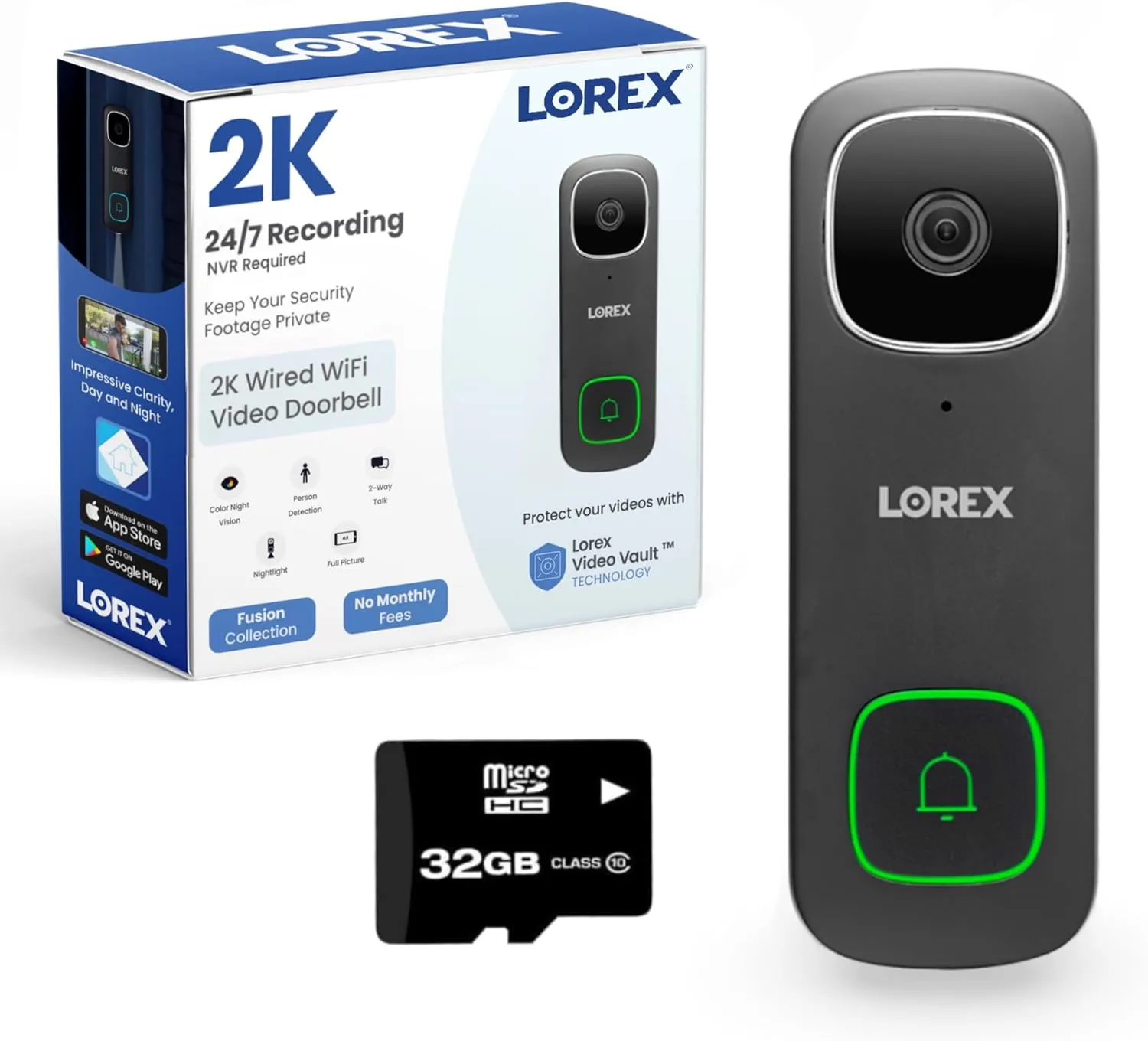 Lorex 2K Wired WiFi Smart Video Doorbell Camera w/No Subscription Fee - Smart Security Lighting, Night Vision, Motion Detection, Requires Existing Wiring (Black)