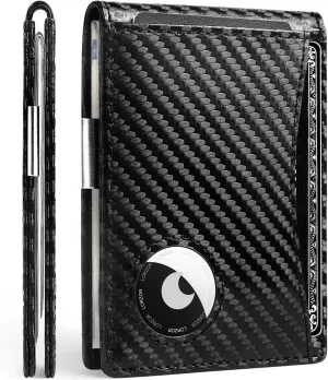 LORZOR AirTag Wallet - Mens Wallet Slim Minimalist Front Pocket Money Clip for Apple Air Tag, Bifold Top Grain Carbon Fiber RFID Blocking Wallets for Men, 2 ID Window Gifts (AirTag Not included)