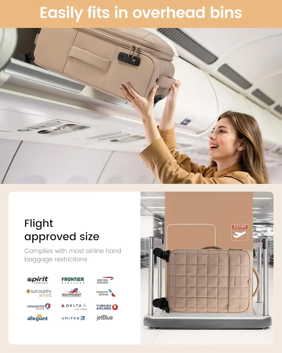 LOVEVOOK Carry On Luggage 22x14x9 Airline Approved, 20 Inch Softside with Wheels, Lightweight Spinner Suitcase with TSA Lock, Water-Resistant Large Capacity for Travel, Khaki