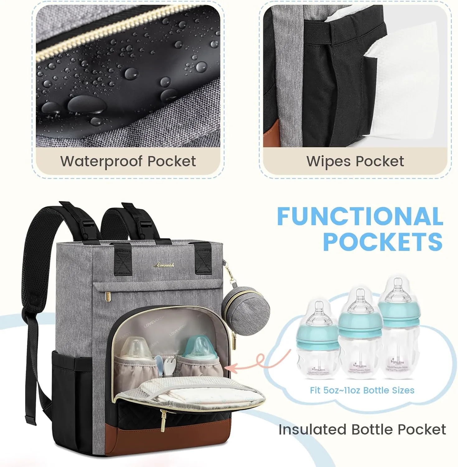 LOVEVOOK Diaper Bag Backpack, Baby Bag for Mom with Changing Pad Pacifier Case,Waterproof Trave Baby Girl/Boy Diaper Bag Tote