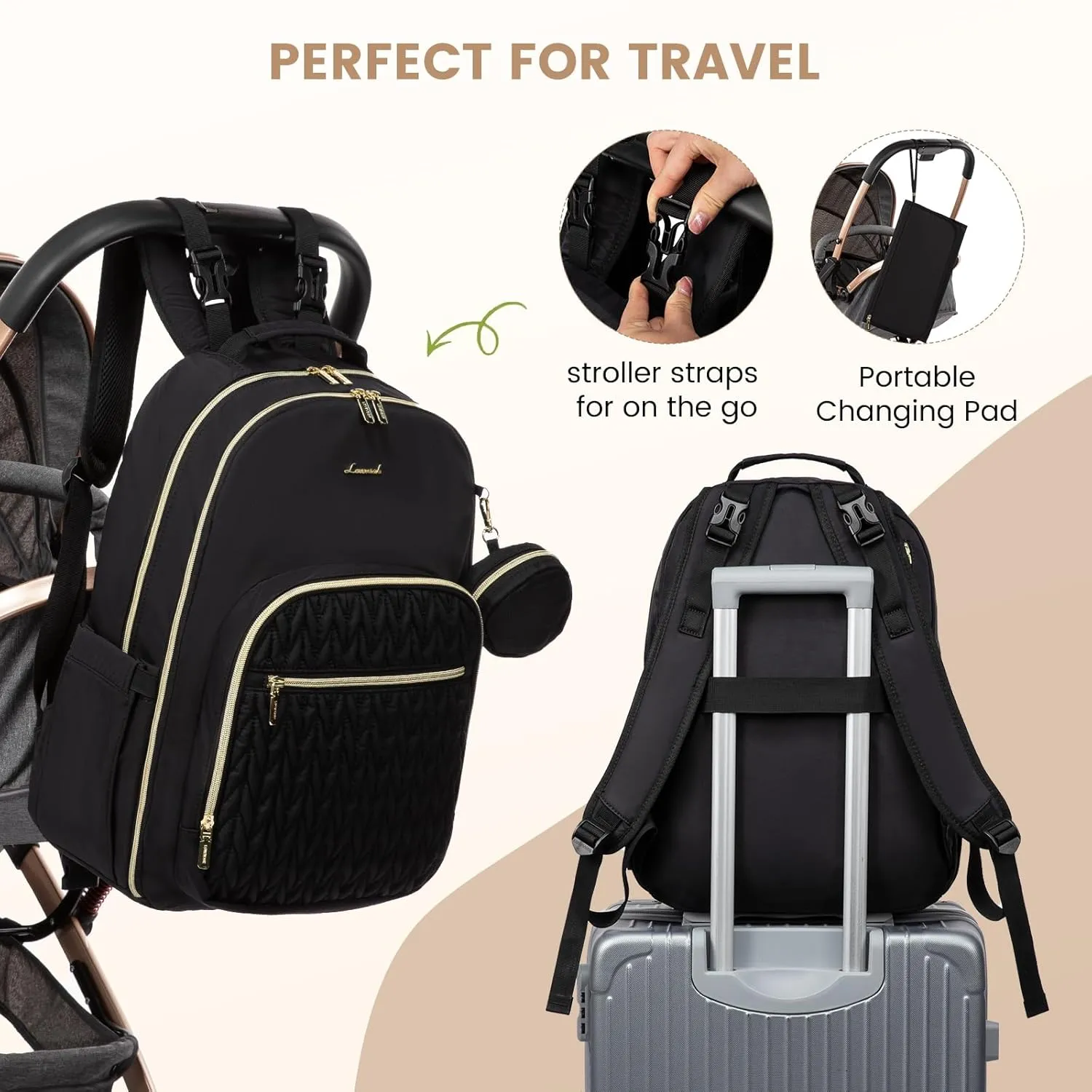 LOVEVOOK Diaper Bag - Stylish Baby Backpack with Changing Pad, Large Travel Waterproof Nappy Changing Bag with Stroller Straps, Insulated Pockets for Mom Dad - Unisex, Black