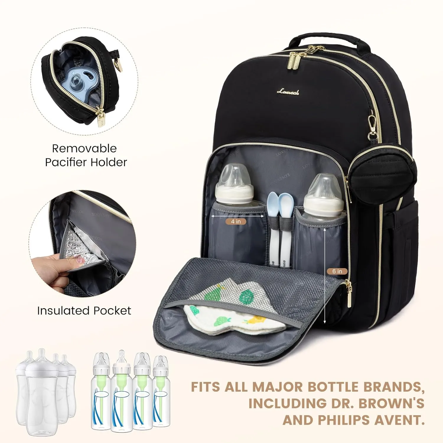 LOVEVOOK Diaper Bag - Stylish Baby Backpack with Changing Pad, Large Travel Waterproof Nappy Changing Bag with Stroller Straps, Insulated Pockets for Mom Dad - Unisex, Black