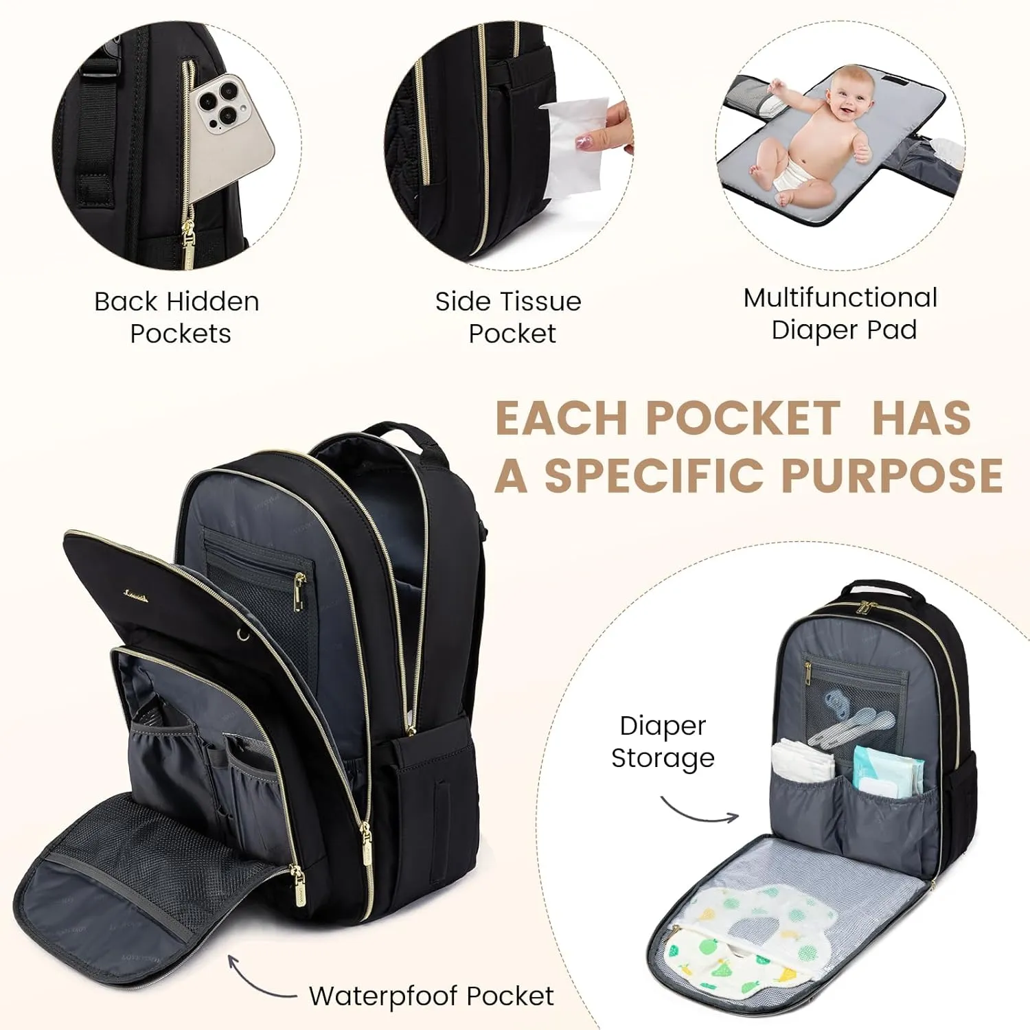 LOVEVOOK Diaper Bag - Stylish Baby Backpack with Changing Pad, Large Travel Waterproof Nappy Changing Bag with Stroller Straps, Insulated Pockets for Mom Dad - Unisex, Black