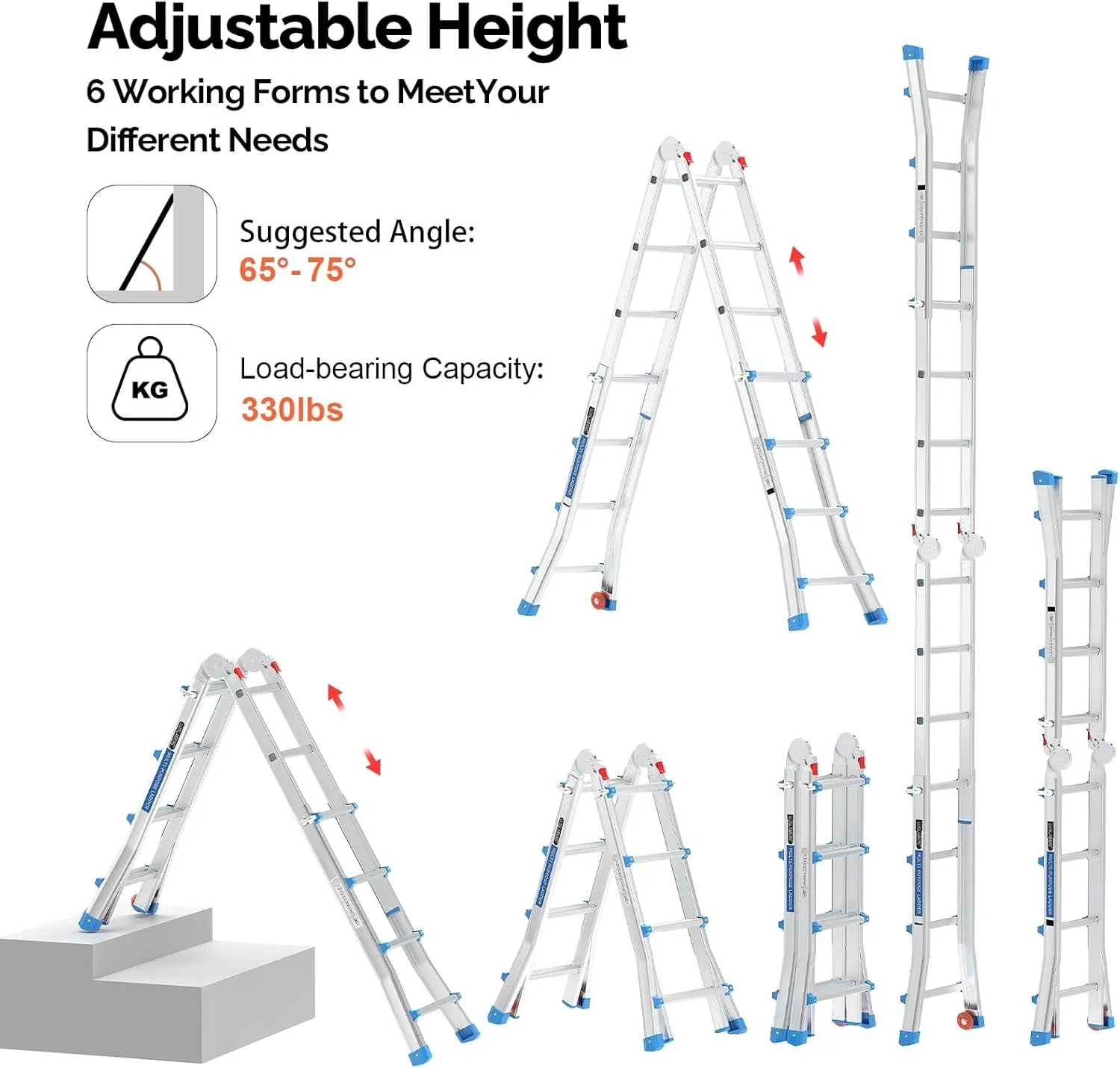 LUISLADDERS Ladder, A Frame 4 Step Ladder Telescoping Ladder, 17 Ft Reach Height Muti Position Folding Ladder Flared Leg & Wheels Design, 330 lbs Capacity Extension Ladder for Household Outdoor Work