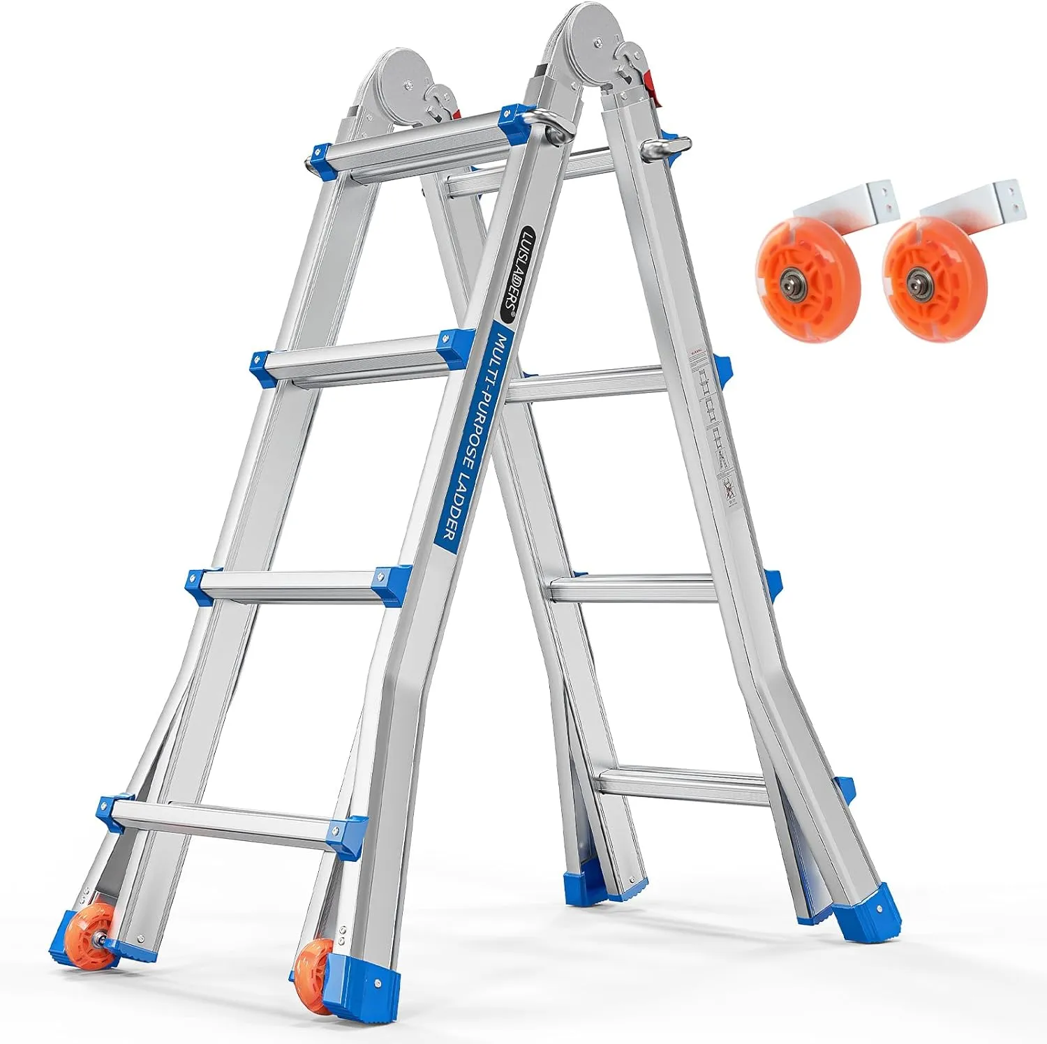 LUISLADDERS Ladder, A Frame 4 Step Ladder Telescoping Ladder, 17 Ft Reach Height Muti Position Folding Ladder Flared Leg & Wheels Design, 330 lbs Capacity Extension Ladder for Household Outdoor Work