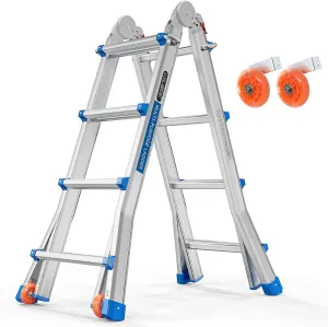 LUISLADDERS Ladder, A Frame 4 Step Ladder Telescoping Ladder, 17 Ft Reach Height Muti Position Folding Ladder Flared Leg & Wheels Design, 330 lbs Capacity Extension Ladder for Household Outdoor Work