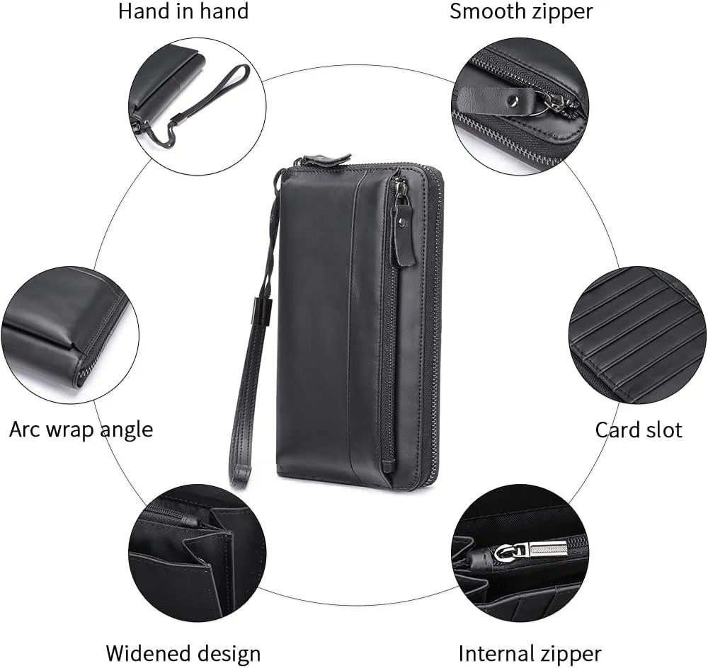 LUKZIJAES Long Wallets for Men Genuine Leather Casual Business Man Wallet with Zipper Large Capacity Phone Handbag Mens Clutch Purse (#5-Black) (#5-Black)