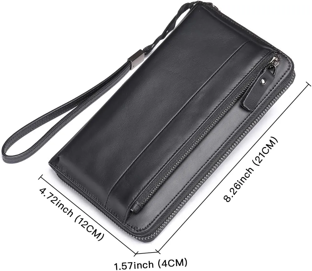 LUKZIJAES Long Wallets for Men Genuine Leather Casual Business Man Wallet with Zipper Large Capacity Phone Handbag Mens Clutch Purse (#5-Black) (#5-Black)