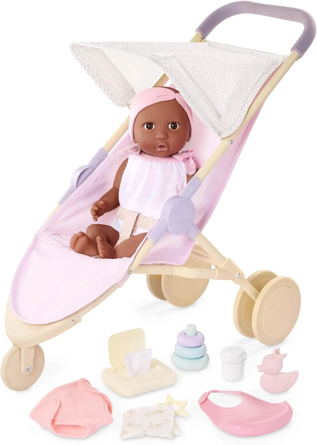 LullaBaby 14-inch Realistic Baby Doll Diaper & Care Accessories Bundle Brown Eyes & Soft Body Pretend Play Toys Baby Doll & Jogging Stroller Set Kids Ages 2 Years Old & Up