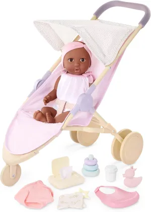 LullaBaby 14-inch Realistic Baby Doll Diaper & Care Accessories Bundle Brown Eyes & Soft Body Pretend Play Toys Baby Doll & Jogging Stroller Set Kids Ages 2 Years Old & Up