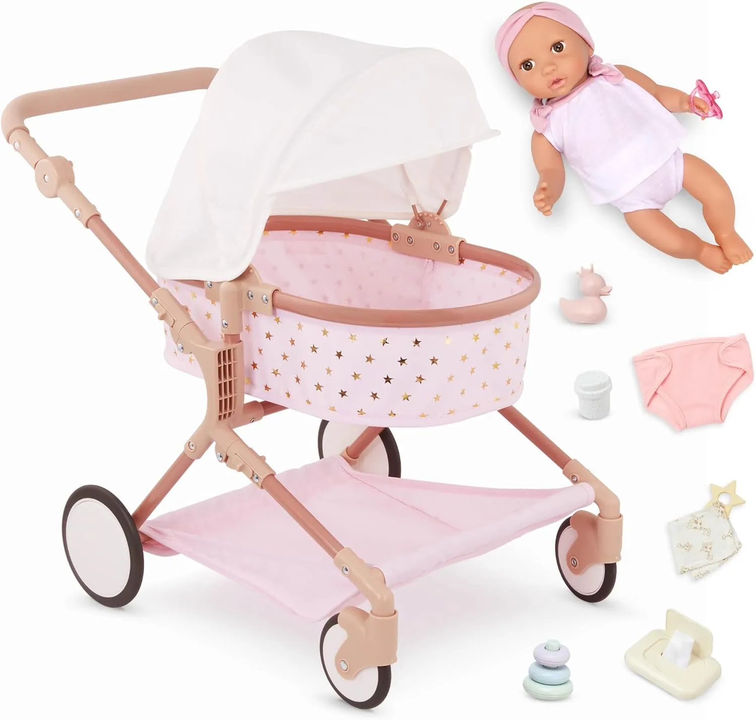 LullaBaby – Doll & Twin Stroller Accessories Set – Foldable Canopy & Storage Basket – Pink & Golden Stars Design – Pretend Play – Toys for Kids Ages 2 Years Old & Up – Doll Double Stroller Set
