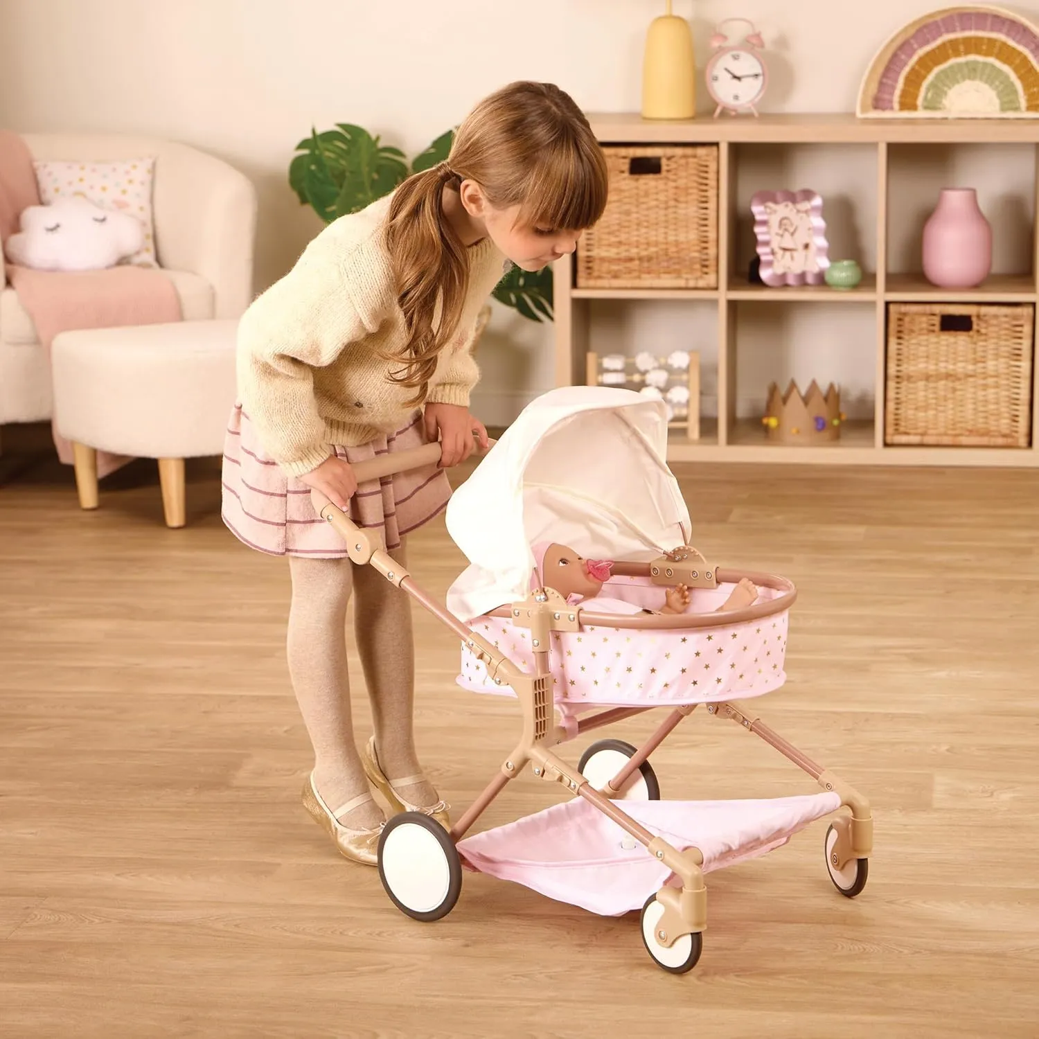 LullaBaby – Doll & Twin Stroller Accessories Set – Foldable Canopy & Storage Basket – Pink & Golden Stars Design – Pretend Play – Toys for Kids Ages 2 Years Old & Up – Doll Double Stroller Set