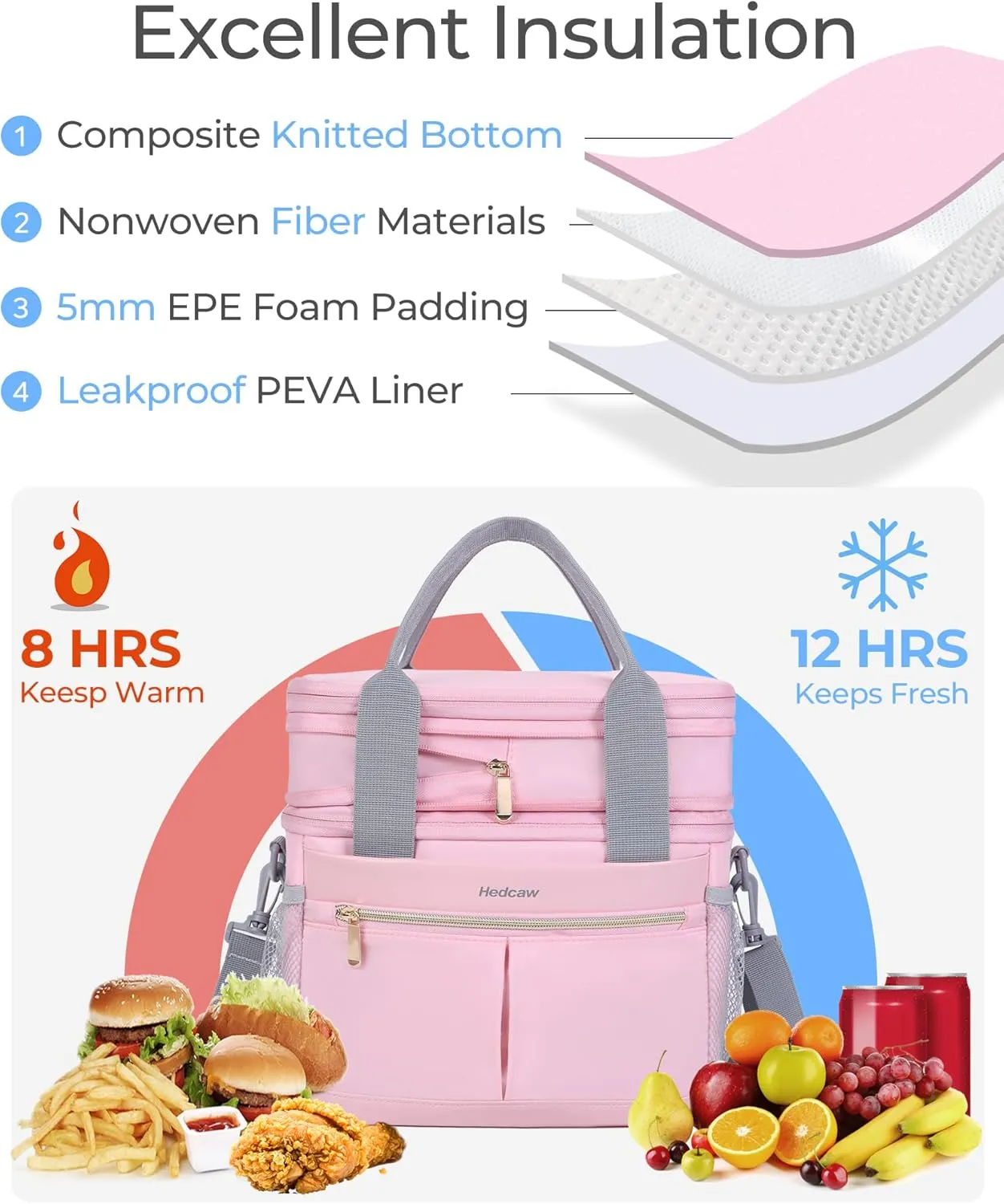 Lunch Box for Women Double Deck Insulated Lunch Bag Women Expandable Leakproof Reusable Lunch Cooler Bag for Work, Office, Picnic, Pink