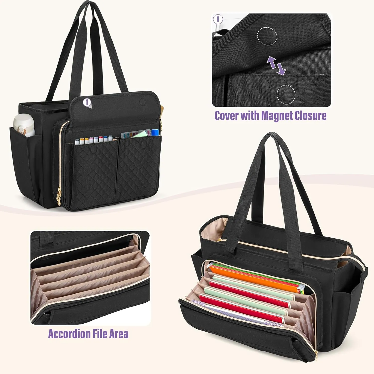 LUXJA Teacher Bag with Accordion File Area and Laptop Sleeve, Teacher Tote Bag for Women (Patent Pending), Black
