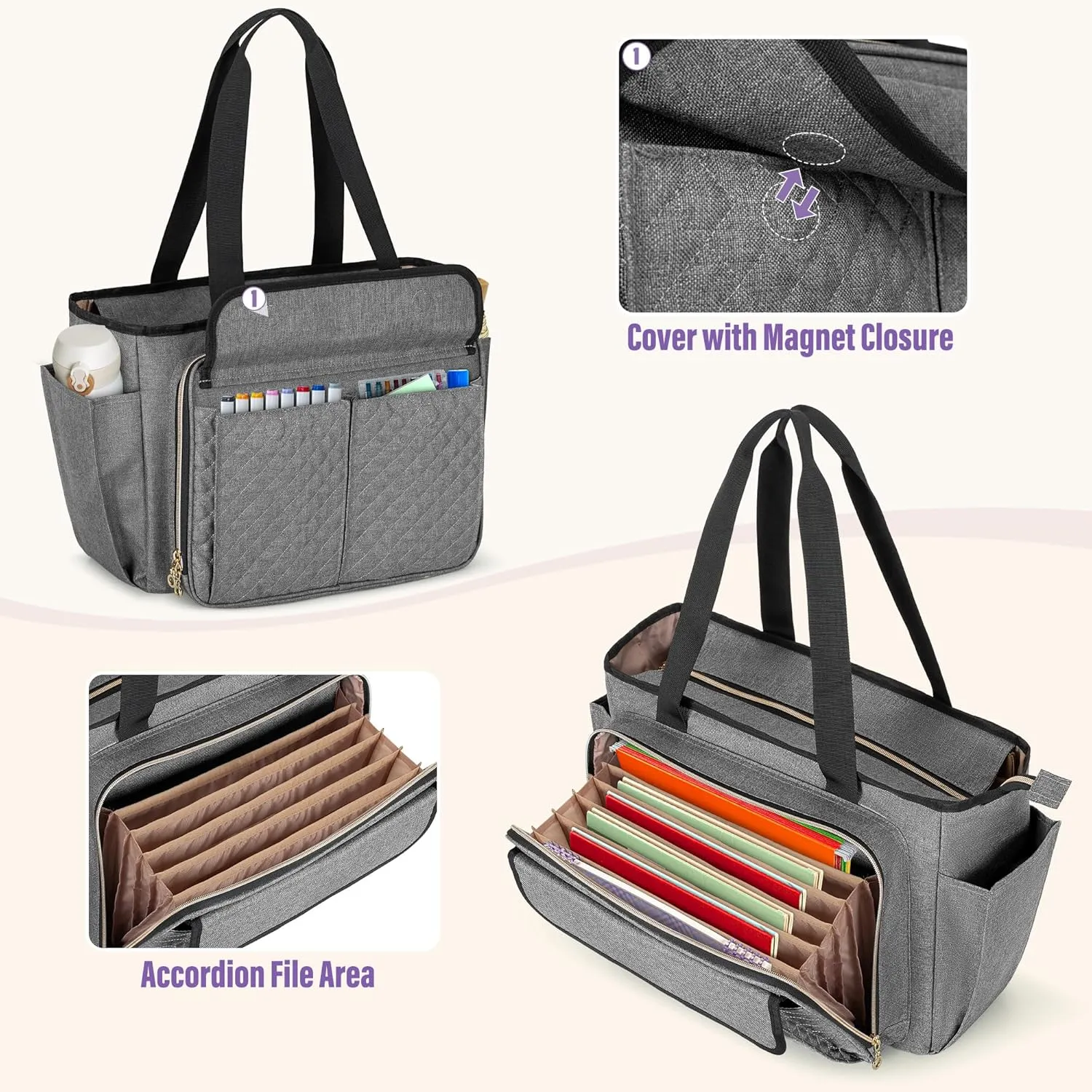 LUXJA Teacher Bag with Accordion File Area and Laptop Sleeve, Teacher Tote Bag for Women (Patent Pending), Gray
