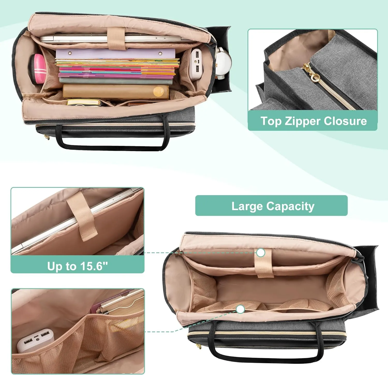 LUXJA Teacher Tote Bag with Accordion File Pocket, Teacher Bag for Women with 15.6 Inch Laptop Compartment, Gray