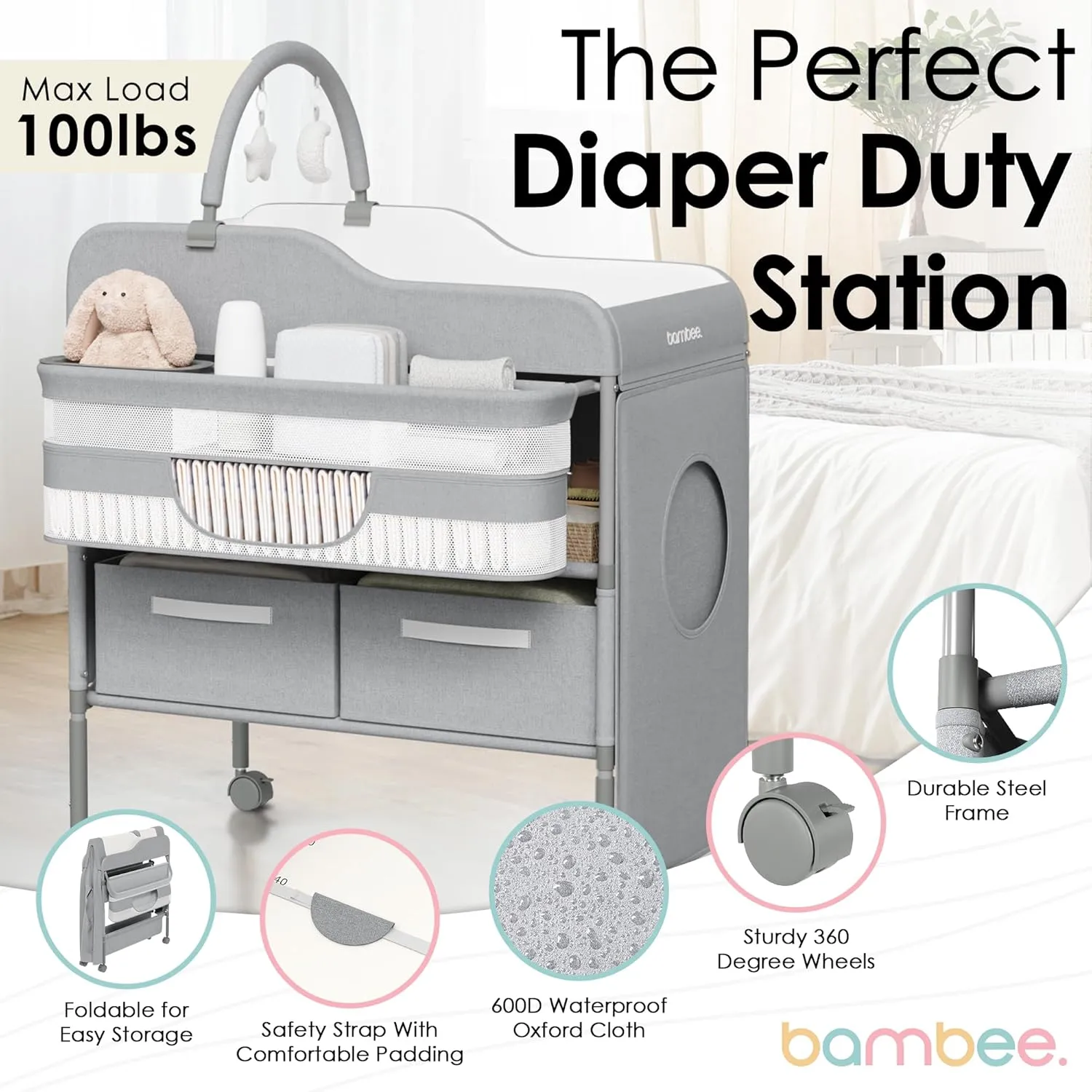Luxury Baby Changing Table with Wheels - Modern Dresser Changing Tables w/Hanging Toys, Laundry Bag, Changing Table Organizer Boxes - Folding Waterproof Baby Diaper Changing Station for Nursery Room