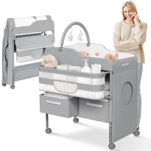 Luxury Baby Changing Table with Wheels - Modern Dresser Changing Tables w/Hanging Toys, Laundry Bag, Changing Table Organizer Boxes - Folding Waterproof Baby Diaper Changing Station for Nursery Room