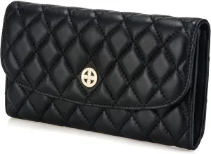 Luxury Quilted Leather Wallet Flap Long Wallet Credit Card Holder Coin Purse Business Card Holder Lady Clutch Gift for Women Girl Black