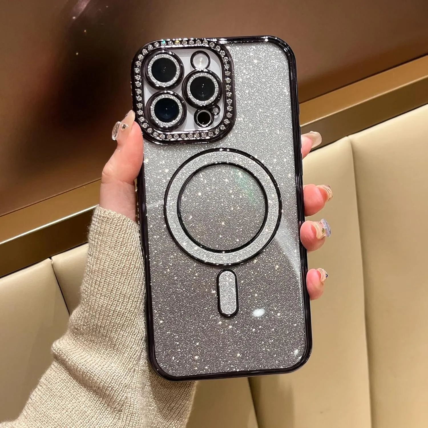 LXK Magnetic Glitter Case for iPhone 16 Pro Max 6.9" [Compatible with MagSafe] Military-Grade Protection, Clear Cute Glitter Bling Cover Sparkle Diamond Camera Protector Cover for Women Girls, Black