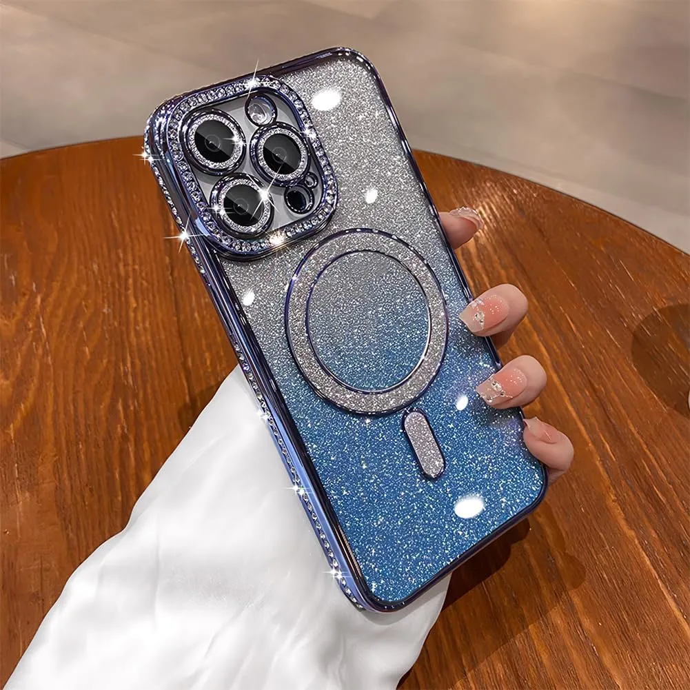 LXK Magnetic Glitter Case for iPhone 16 Pro Max 6.9" [Compatible with MagSafe] Military-Grade Protection, Clear Cute Glitter Bling Cover Sparkle Diamond Camera Protector Cover for Women Girls, Blue