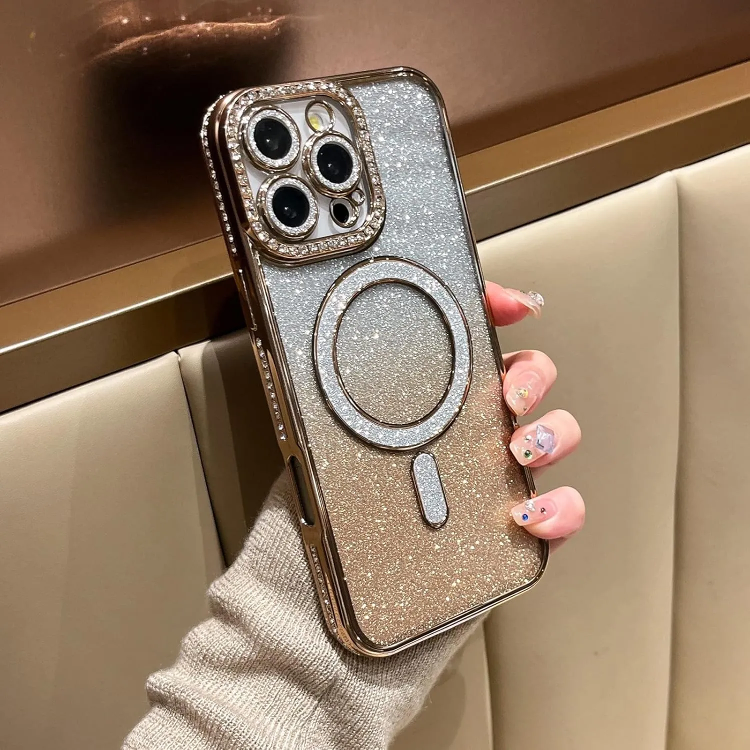 LXK Magnetic Glitter Case for iPhone 16 Pro Max 6.9" [Compatible with MagSafe] Military-Grade Protection, Clear Cute Glitter Bling Cover Sparkle Diamond Camera Protector Cover for Women Girls, Gold