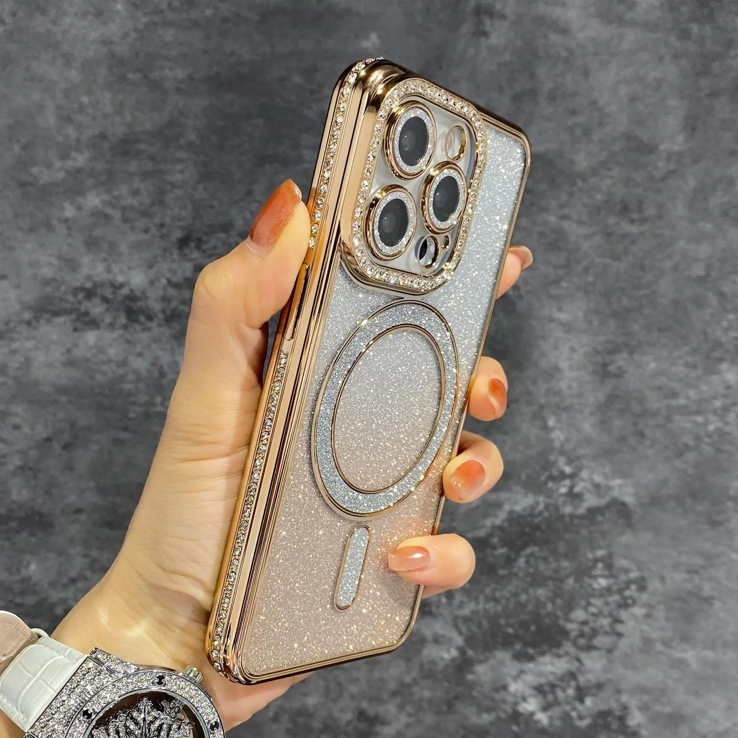 LXK Magnetic Glitter Case for iPhone 16 Pro Max 6.9" [Compatible with MagSafe] Military-Grade Protection, Clear Cute Glitter Bling Cover Sparkle Diamond Camera Protector Cover for Women Girls, Gold